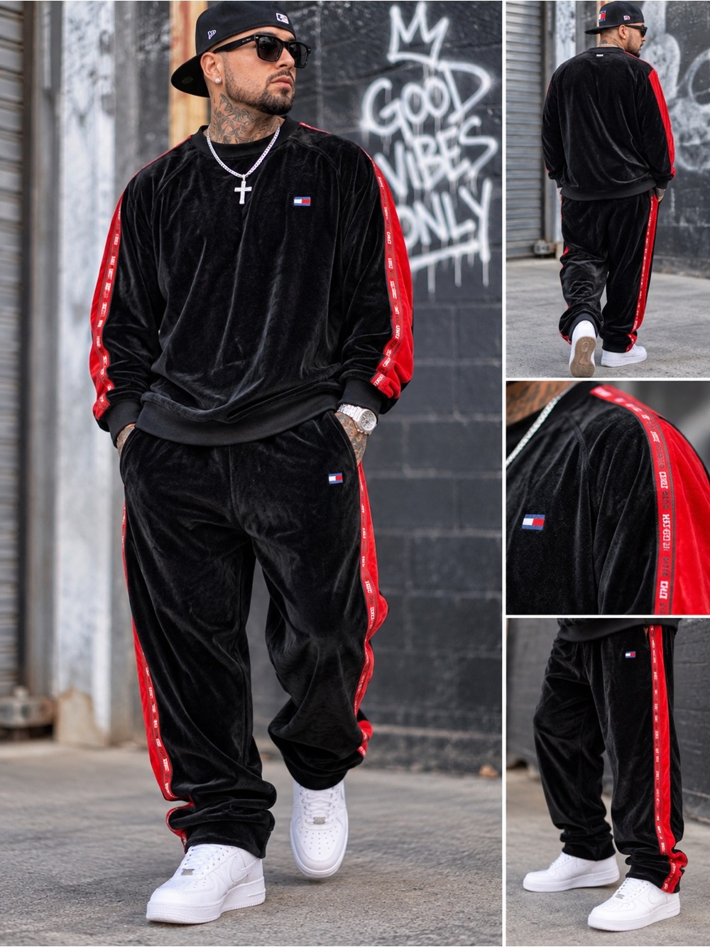 Tommy Hilfiger Black Velour Crewneck with Red Shoulder Stripe with Pants Set